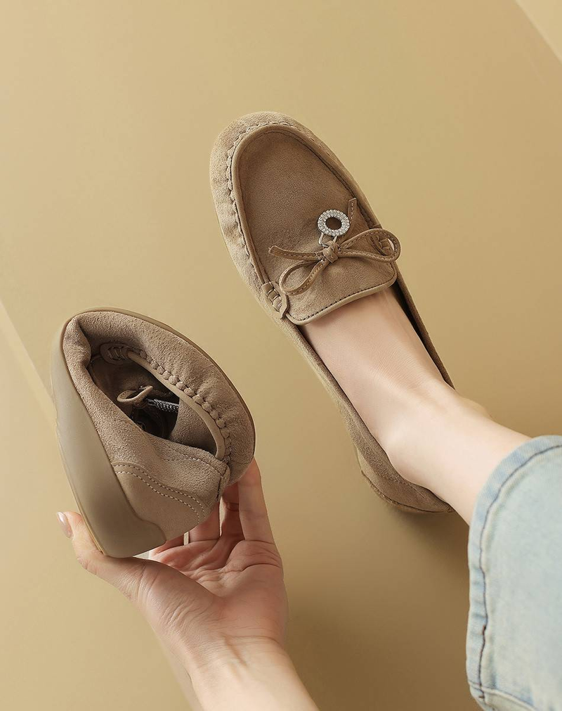 Cameido Damen Freizeitschuhe - Khaki Echtes Leder Runde Zehenpartie 2,5 cm Höhe Gummisohle_voghion.com