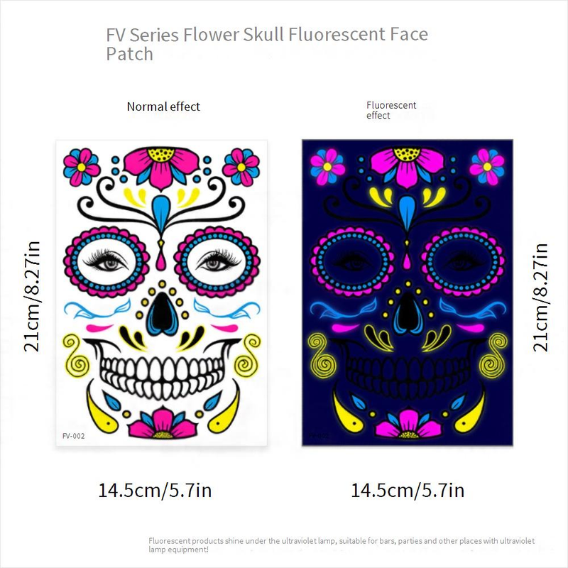 Halloween Temporary Tattoos Stickers - Glow In The Dark Day Of The Dead Face & Body Art For Party, Scary Makeup, Costume Accessories (8-Piece Set)_voghion.com