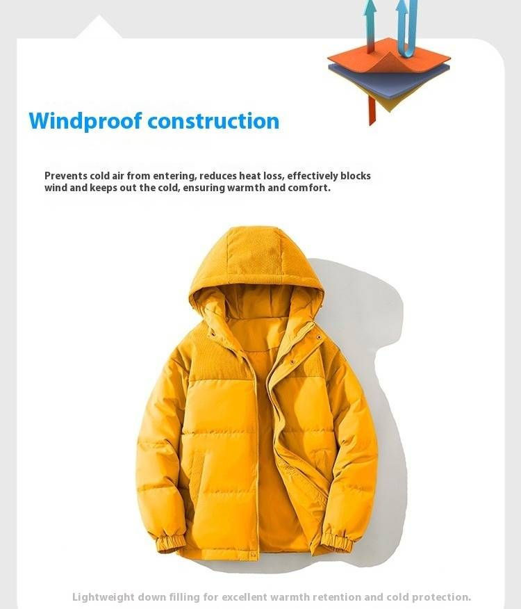 Men's Corduroy Trim Puffer Jacket With Hood - Lightweight Warm Winter Coat, Short Bomber Style, Thickened Down Filling (550FP, 80% White Duck Down)_voghion.com