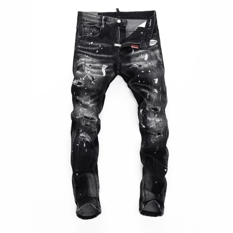 Men's Slim Fit Black Jeans With Waist Print Straight Leg Stretch Denim Pants For Casual Streetwear_voghion.com