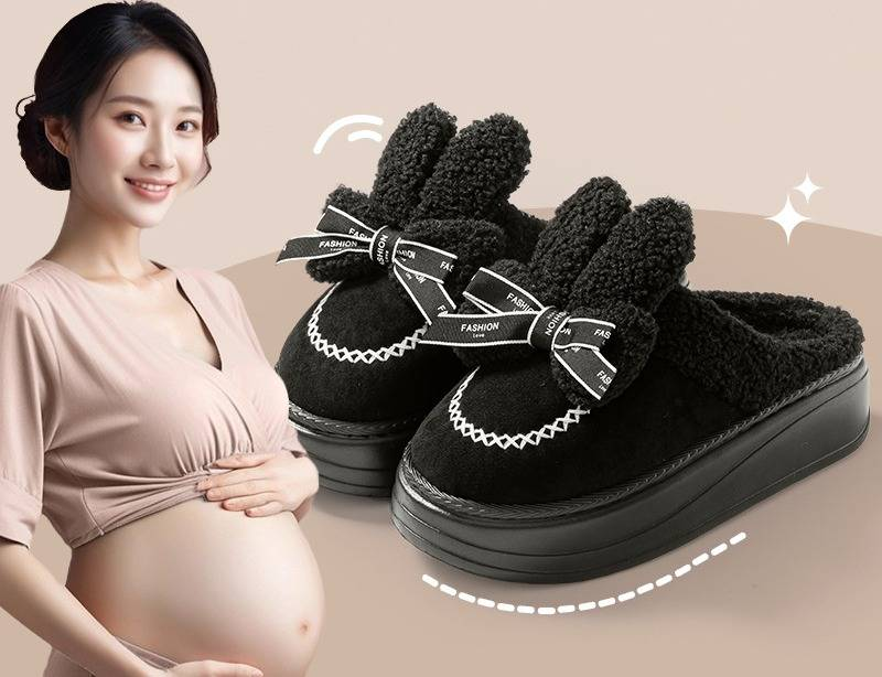 Pantoufles d'hiver de maternité pour femmes enceintes avec nœud à oreilles de lapin - Chaussons d'intérieur/extérieur doublés de peluche pour femmes enceintes, semelle épaisse antidérapante, chauds et confortables_voghion.com
