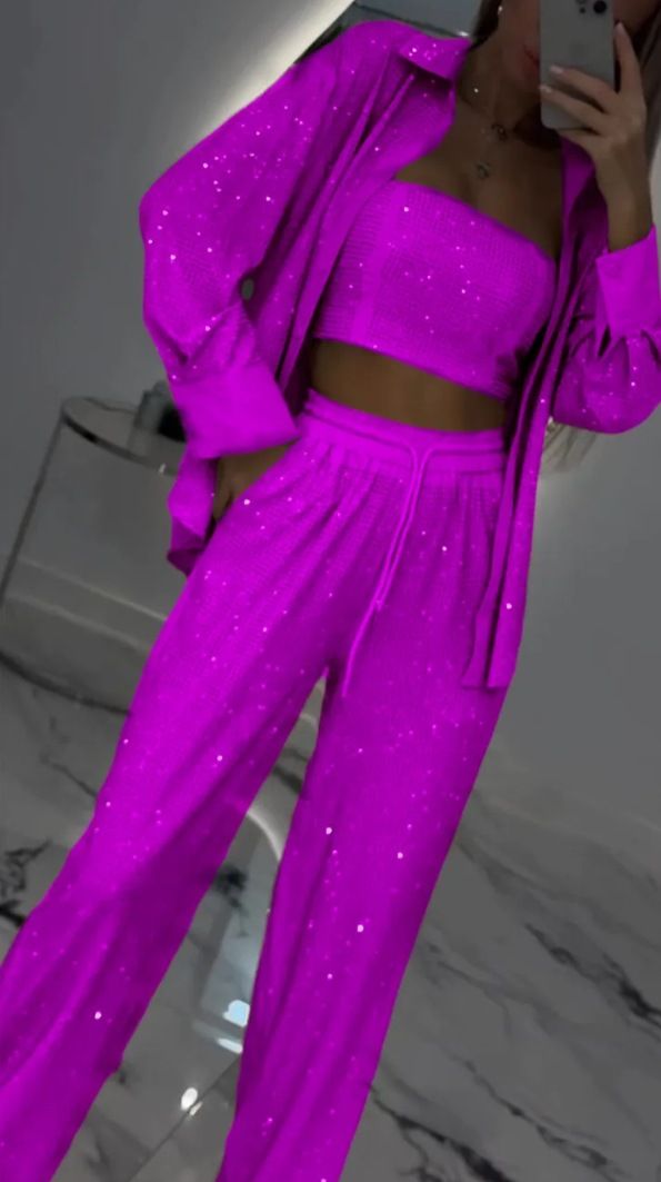 Luxury Trendy Sexy Sequin Long Sleeve Shirt Women 3 Pieces Set Shiny Wide Leg Pants Outfits Party Lady Gown Vacation Pant Suit_voghion.com