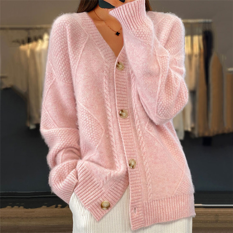 Damenbekleidung Einfarbige Langarm-Strickjacke mit V-Ausschnitt und Jacquard-Pulloverjacke für Damen_voghion.com