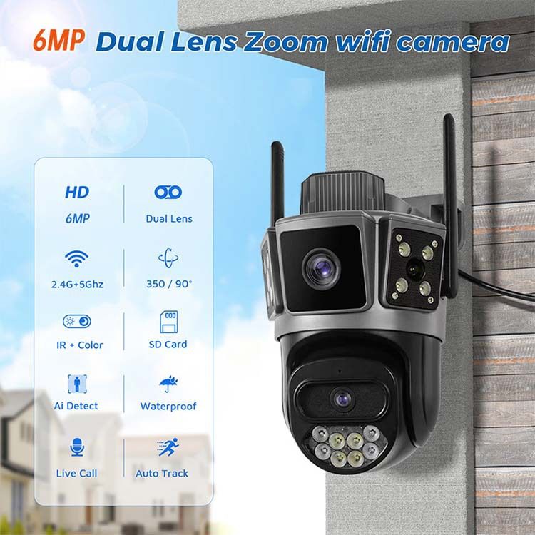 360° 3-Panel Outdoor Security Camera With 5G WiFi, 6MP HD, Full-Color Night Vision, Motion Detection, And Weatherproof Design_voghion.com