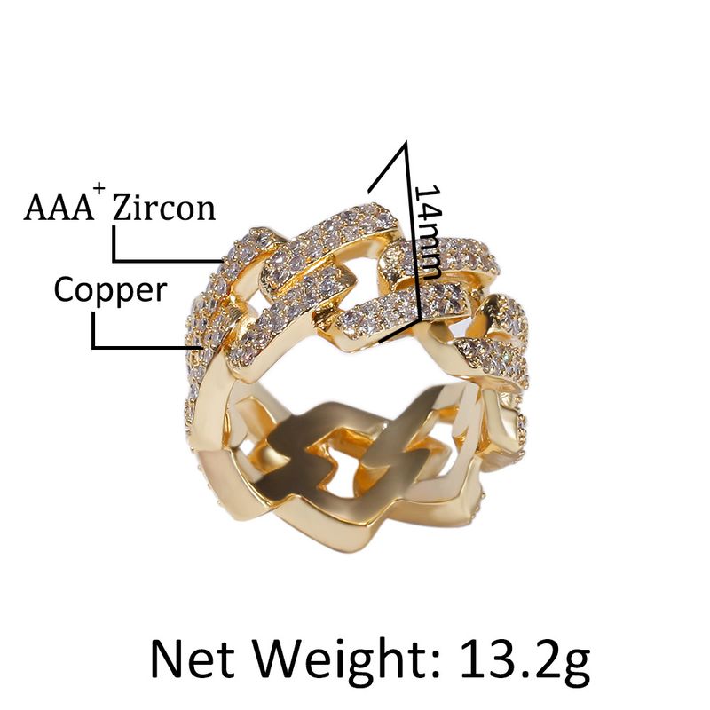 Neuer, mit Mikropflaster versehener Zirkonia-Ring für Herren mit 2 Reihen galvanisierten Diamanten aus echtem Gold für Hip Hop Cuban Ring_voghion.com