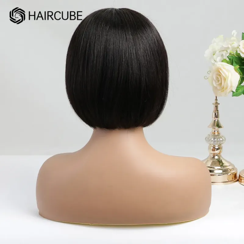 Bob-Perücke aus natürlichem, schwarzem, glattem Echthaar, kurz, 100 % Remy-Haar, mit Pony für Frauen_voghion.com