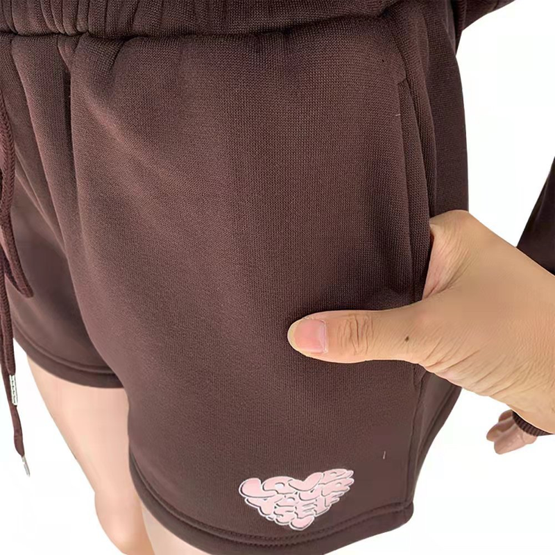 Women's fashion casual printed shorts two-piece set plus fleece long-sleeved hoodie set_voghion.com
