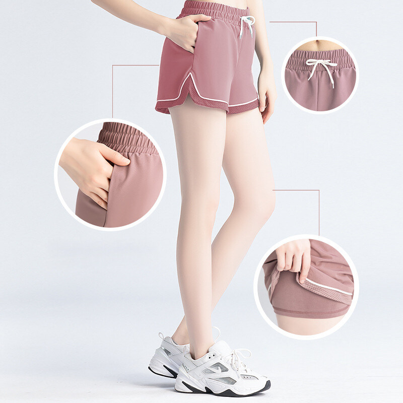 Shorts Sprots femininos com bolsos cintura elástica secagem rápida academia esportiva_voghion.com