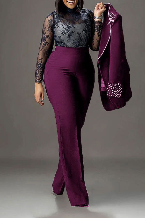 Traje de dos piezas ajustado de manga larga con perlas para mujer_voghion.com