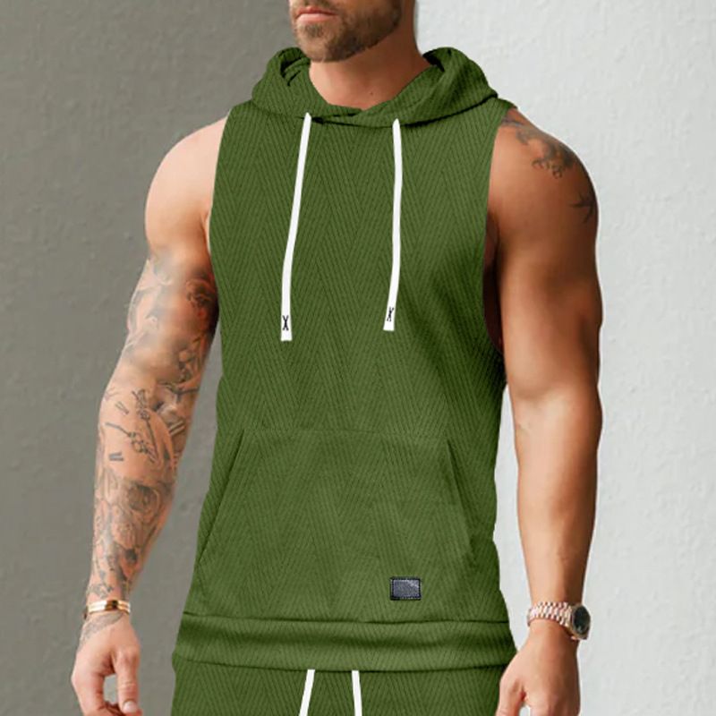 Felpa con cappuccio in maglia jacquard casual da uomo, senza maniche, con tasca applicata e coulisse_voghion.com