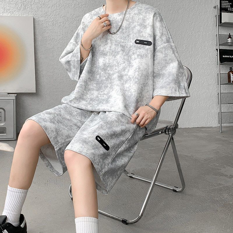 Sommer-Outfit für Herren, einzigartiges Batik-T-Shirt mit Dreiviertelärmeln und Shorts, trendiges cooles Herren-Set in Übergröße_voghion.com