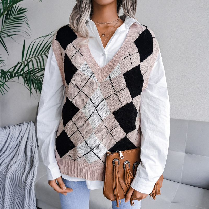 Vêtements pour femmes automne et hiver style collégial losange col en v décontracté gilet tricoté ample pull vêtements pour femmes_voghion.com