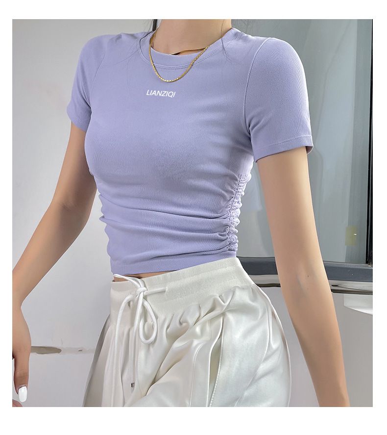 Maglietta sportiva a maniche corte da donna per yoga, asciugatura rapida e traspirante, per allenamento, pilates, spalle scoperte, moda dimagrante._voghion.com