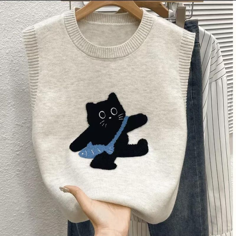 Maglione autunnale carino che riduce l'età, gilet, ricamo classico da donna, moda gattino, interno versatile, Majiaqiu_voghion.com