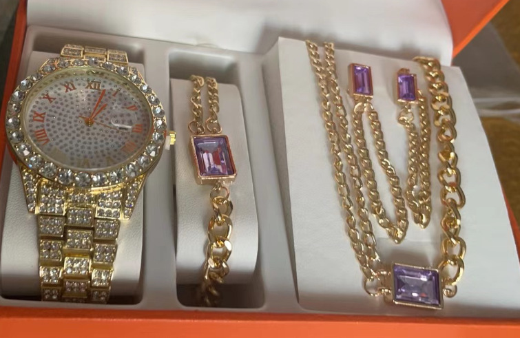 New Ladies Watch Set Fashion Ins Style Versatile Quartz Watch Bracelet Ring Earrings Necklace Set_voghion.com