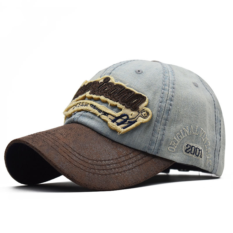 Denim PU patchwork casquette de baseball lettres brodées coton lavé casquette de baseball réglable casquette de sport en plein air pour hommes et femmes_voghion.com