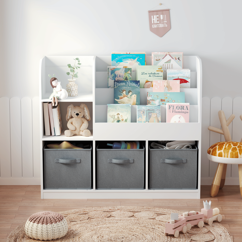 Kids Bookcase And Bookshelf, Multifunctional Bookcase With 3 Collapsible Fabric Drawers, Bookcase Display Stand, Toy Storage Organizer For Bedroom, Playroom, Hallway (White/Gray)_voghion.com