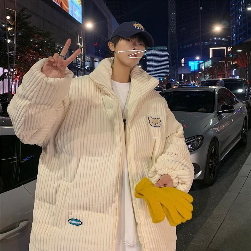 Corduroy cott men's new embroidered bear winter jacket with cotton thickening trend label, handsome couple_voghion.com