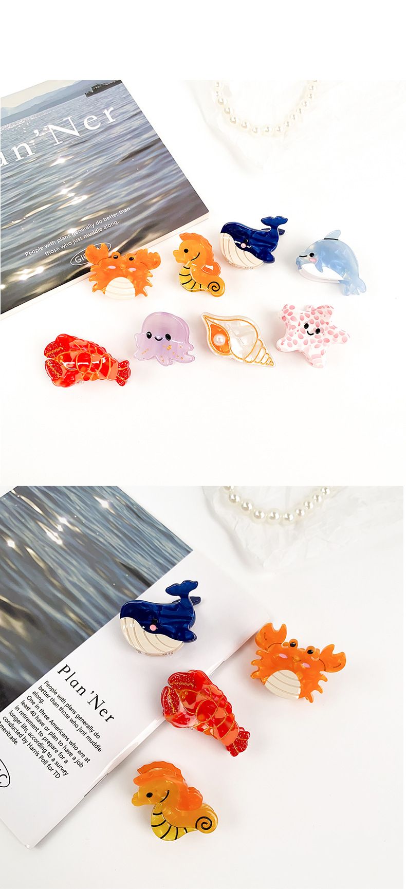Piccola, squisita e carina clip in acetato a forma di tromba oceanica, conchiglia, accessori per capelli a forma di cartone animato, fermaglio per capelli a forma di delfino, accessori per donne_voghion.com