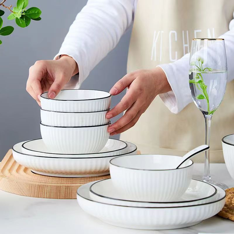 Modern Ceramic Bowl Set Textured Round Fruit Salad Dishes Minimalist Vertical Stripe Design Microwave Dishwasher Safe Tableware For Home Kitchen_voghion.com
