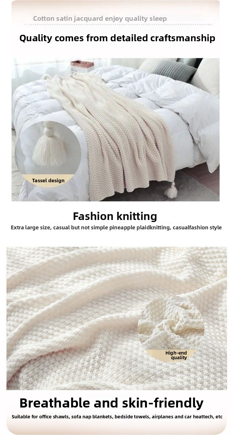 Premium Cotton Knit Throw Blanket - Soft & Breathable For Sofa, Office Nap, And Home Decor (Beige/Grey, Lightweight, OEKO-TEX Certified)_voghion.com