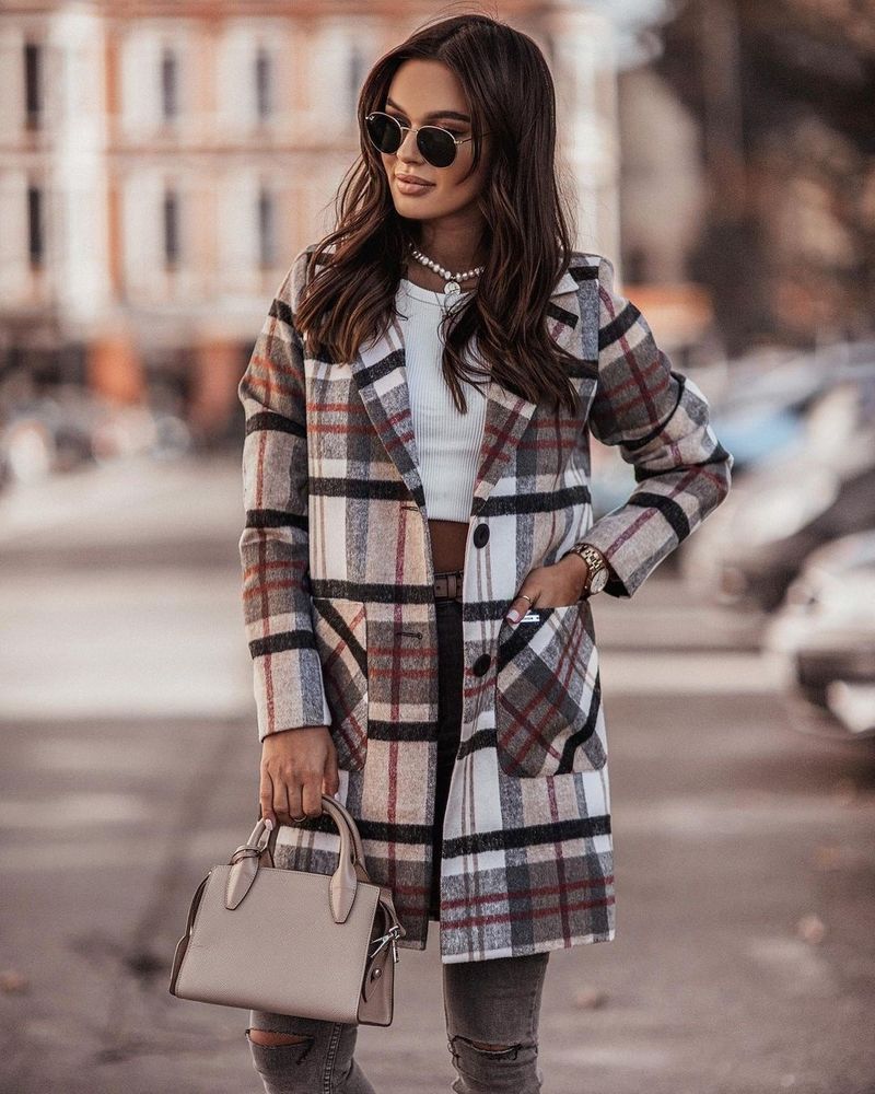 Cappotto in misto lana a quadri a maniche lunghe – Giacca in tweed con bottoni per donna (cachi/marrone, S-XXL)_voghion.com
