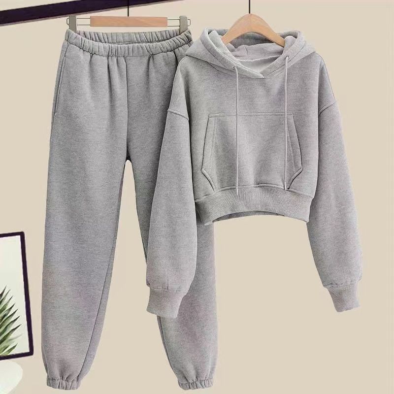 Ropa de mujer Conjunto elegante de sudadera con capucha y jogger para mujer, ropa informal de dos piezas, jersey de polar suave con bolsillos, ropa urbana de moda_voghion.com