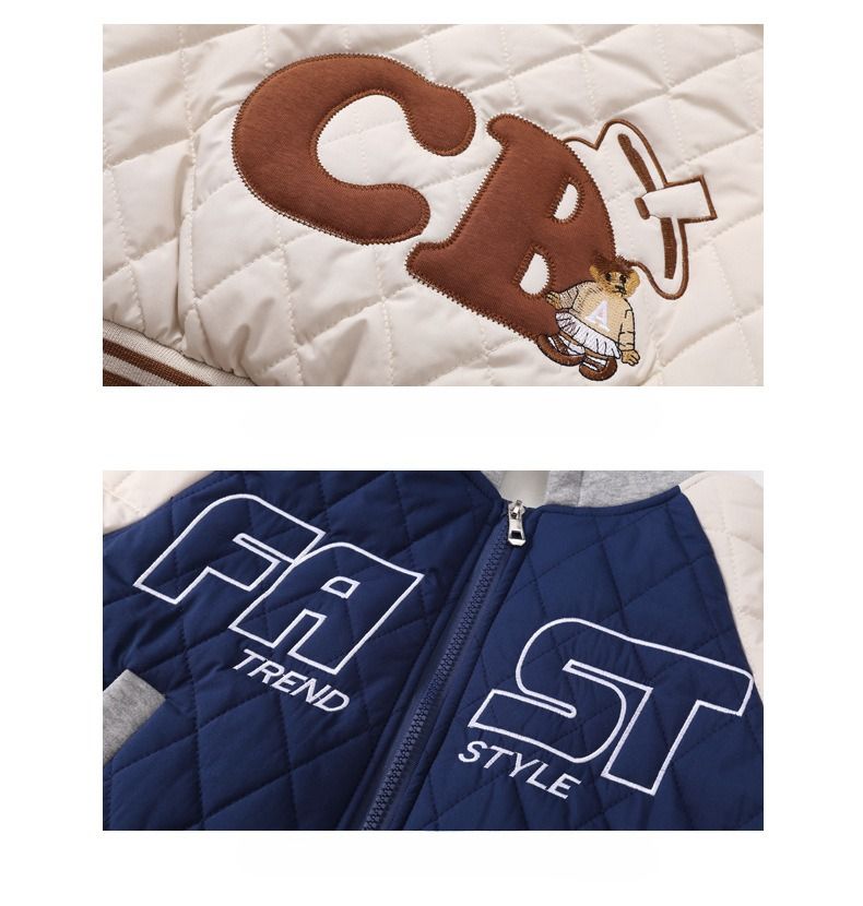 Kids' Baseball Jacket – Thickened Cotton Coat For Boys & Girls (Ages 8+, 110-150cm, Beige/Navy, Soft & Warm, Cartoon Print, High Neck Design)_voghion.com