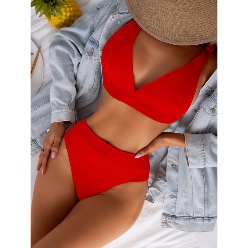 Verve New High-Waisted Small Ribbed Swimsuit For Women Solid Color Sexy Two-Piece Bikini Swimwear_voghion.com