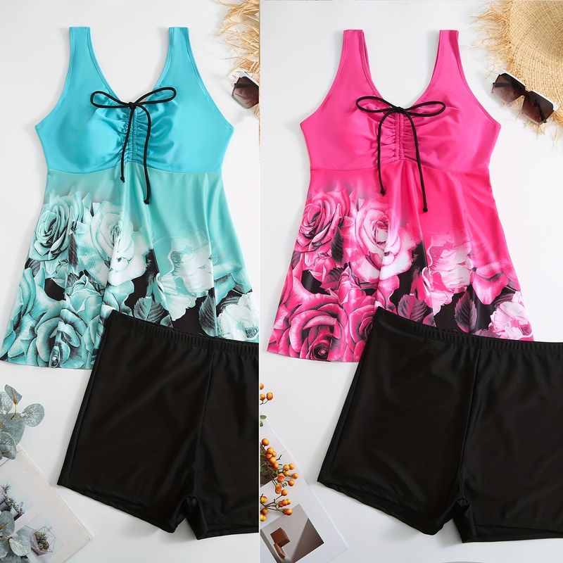 Bikini floral con falda para mujer - Traje de baño modesto (braguita de cintura alta, control de abdomen, cobertura total, ideal para playa y piscina)_voghion.com
