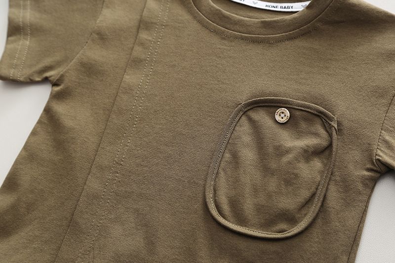 Set de două piese de vară 2023, cu guler rotund, culoare solidă, cu buzunar, pentru băieți, casual, cu mânecă scurtă_voghion.com