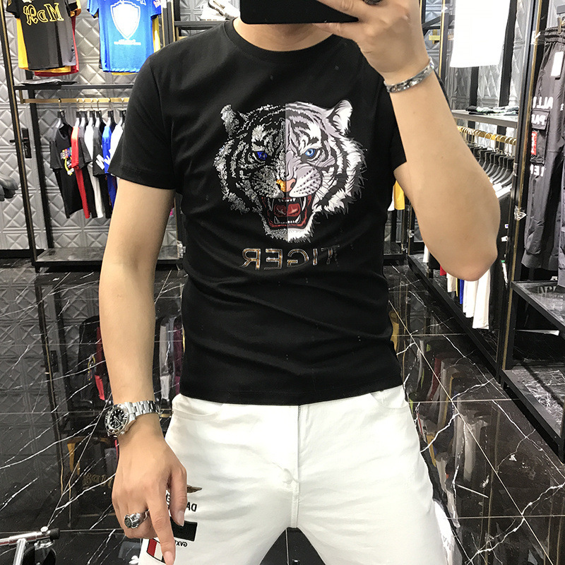 Summer new men's combed cotton short sleeved T-shirt Korean fashion heavy industry hot drill tiger head T-shirt_voghion.com