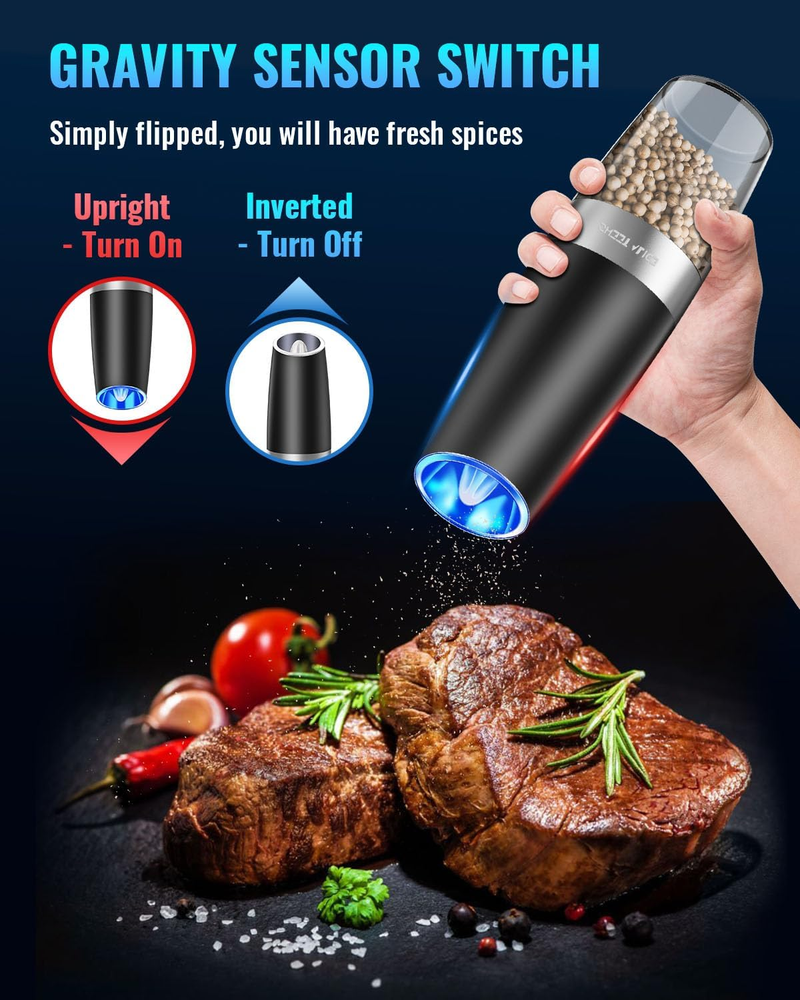 Electric Pepper/Salt Grinder Set, Manual Free, One-Hand Automatic Grinding Pepper/Salt, Battery/Rechargeable, With G-switch And LED Light_voghion.com