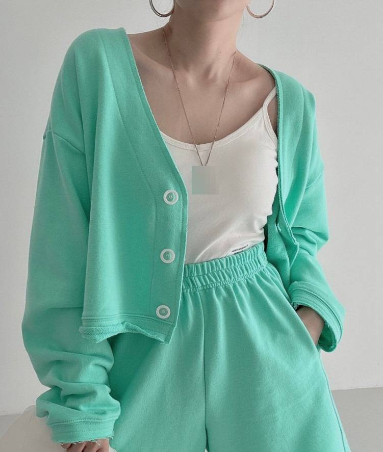 Schickes koreanisches Set aus Sweatshirt und Shorts mit bestickten Ärmeln und Fliegenärmeln – trendiges urbanes passendes Outfit für Damen (Pink, Grün, Grau-Weiß, Schwarz, Einheitsgröße)_voghion.com