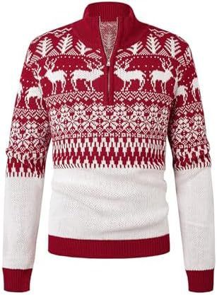 Men's Christmas & Halloween Knit Sweater, Festive Polo Long-Sleeve Top With Reindeer, Pumpkin & Snowflake Jacquard, Breathable Acrylic Pullover_voghion.com