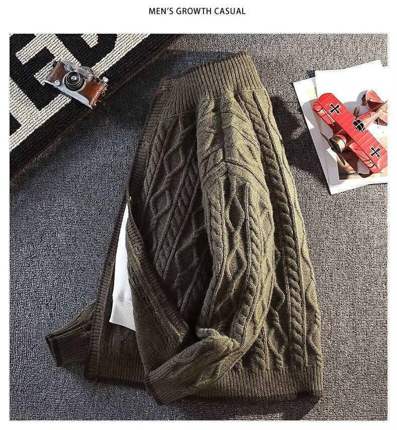 Cardigan da uomo in maglia a trecce con collo alto - Maglione retrò a blocchi di colore per autunno e inverno (blu, caffè, dalla S alla XXXL)_voghion.com