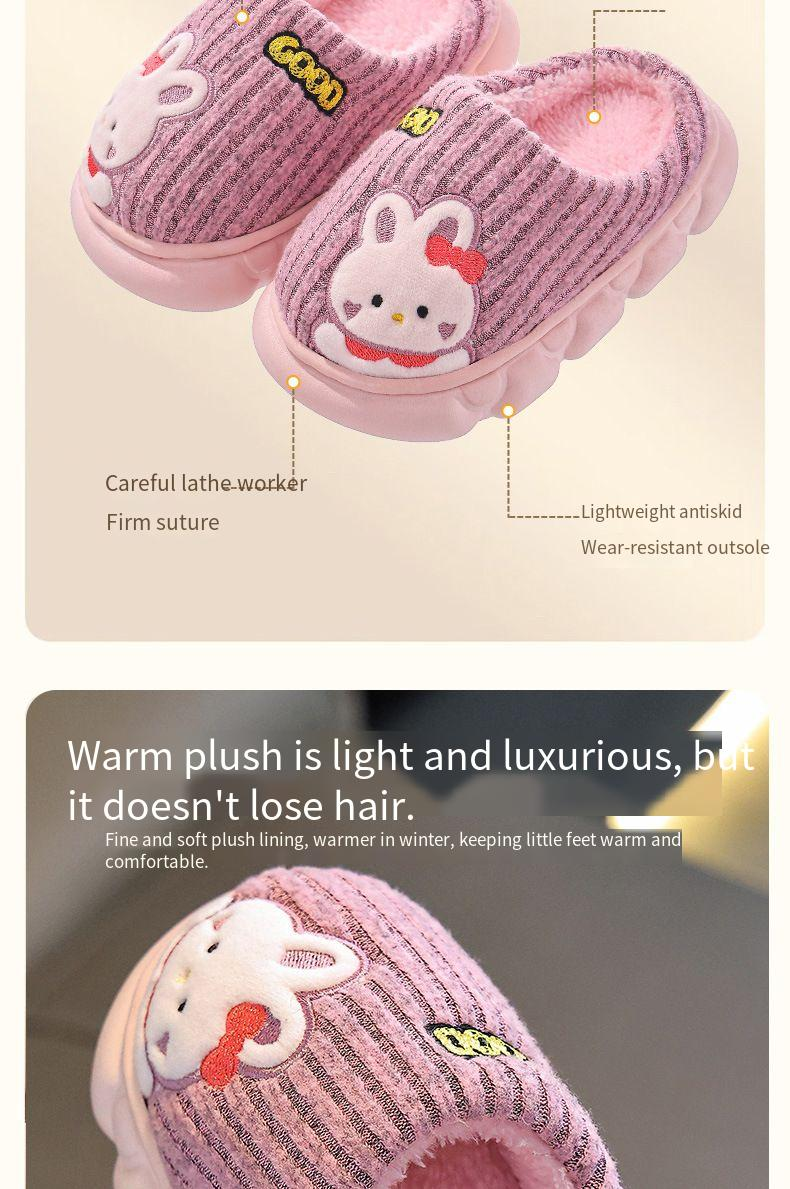 Pantufas de inverno infantis com forro de pelúcia - Pantufas aconchegantes com estampa de animais para meninos e meninas (coelho rosa, capivara, dinossauro verde, pato cinza)_voghion.com