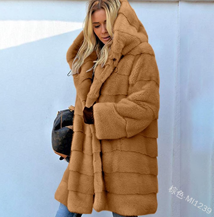 Manteau chaud en peluche à manches longues pour femme, ample, à capuche, imitation fourrure, mode automne-hiver_voghion.com