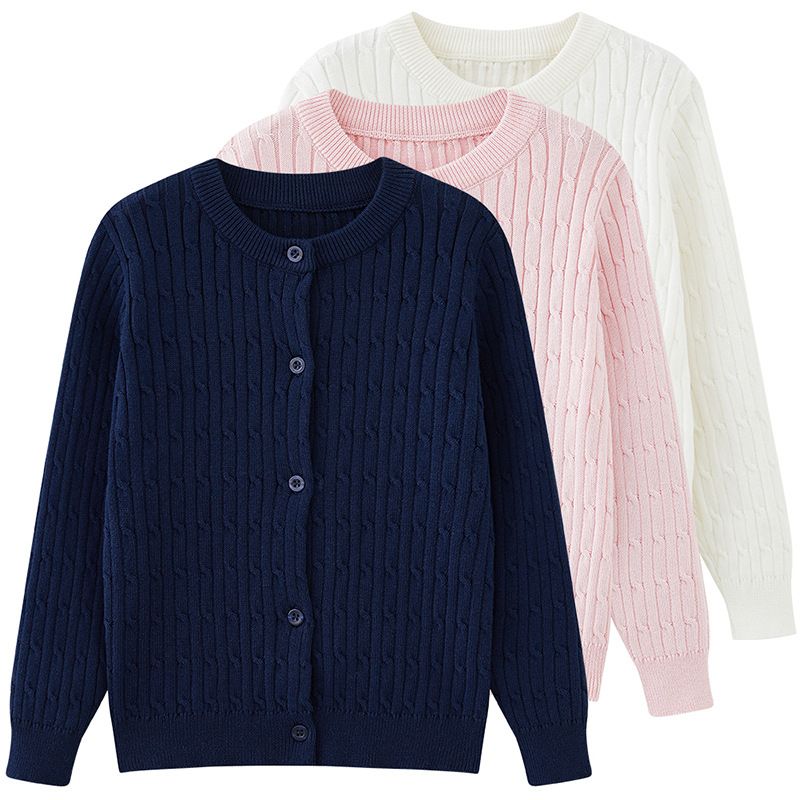 Cardigan lavorato a maglia per mamma e bambini, a maniche lunghe, con motivo a trecce, per bambini di taglia piccola e media (100-140 cm), in morbido cotone, con scollo rotondo e bottoni sul davanti (rosa, rosso)._voghion.com