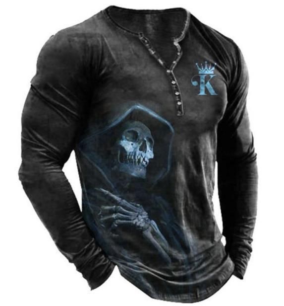 Unschlagbare Qualität Herren-T-Shirt mit V-Ausschnitt und Ärmeln, offener Knopfleiste, Kronenschädel, 7-Knopf-Baumwoll-Hemd Henry, lange Ärmel_voghion.com