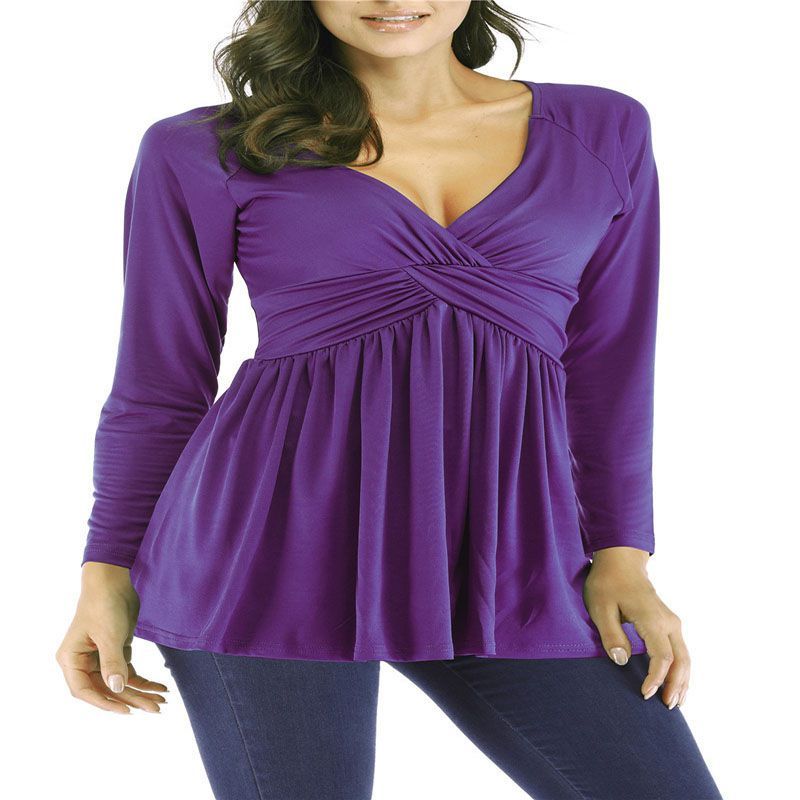 Sexy Women Deep V Neck Shirt Pleated Tunic Long Sleeve Flare Top Loose Blouse_voghion.com