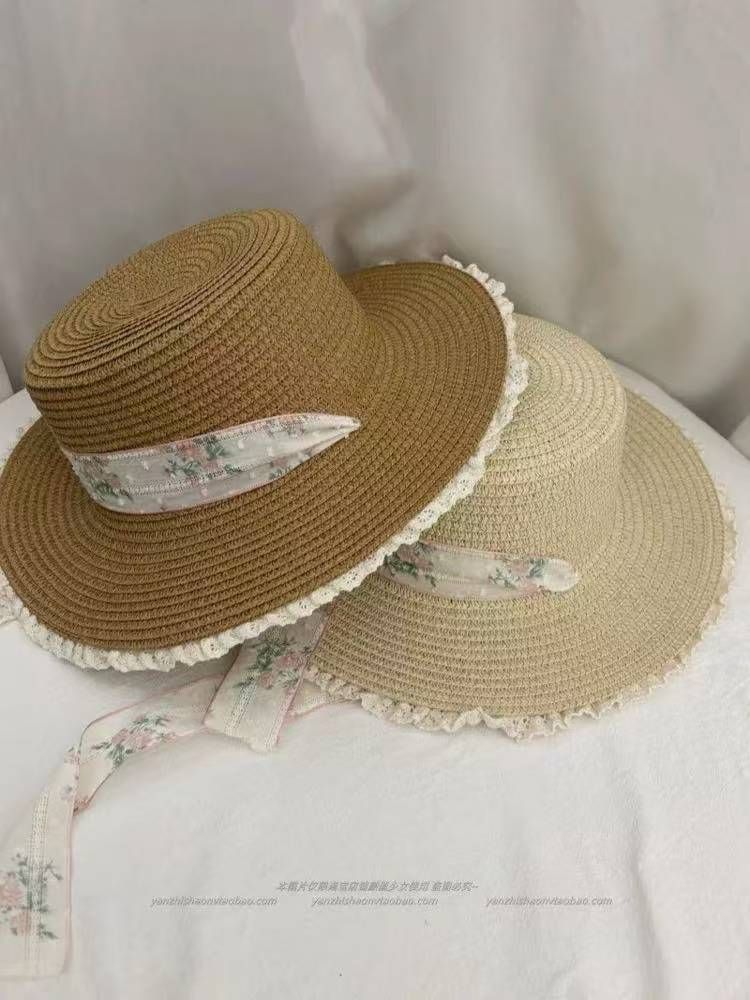 Strohhut mit Spitzenrand und Riemen für Damen, Sommerhut mit großer Krempe und flacher Oberseite, Strohflechthut für Strand, Strand, Sonnenschutz_voghion.com
