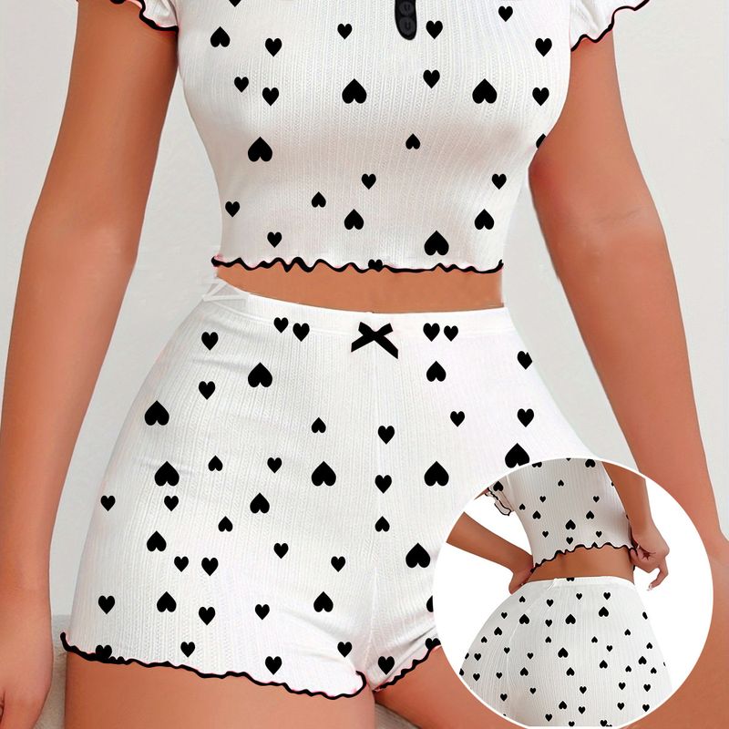 Women's Sleepwears Jacquard Pit Shorts Short Sleeved Love Women's Pajamas Set Can Be Worn As Home Clothes_voghion.com