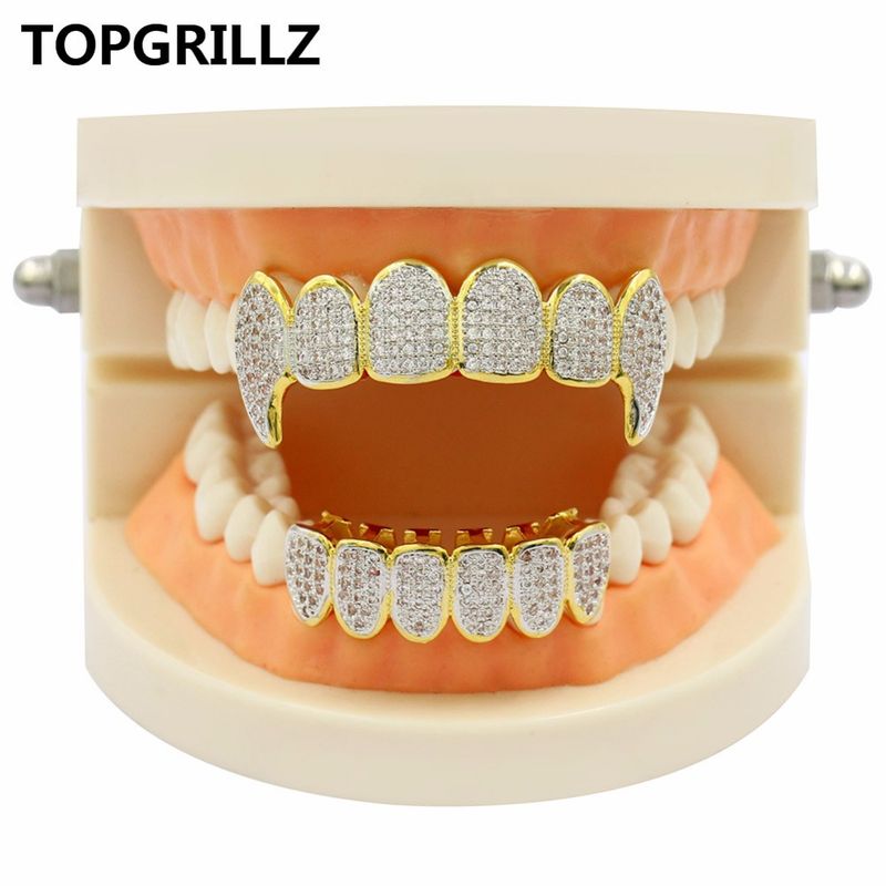 TOPGRILLZ New Fit Silver Plated CZ Micro Pave Top & Bottom GRILL SET Rhodium Teeth Grills Vampire Tooth Grillz_voghion.com