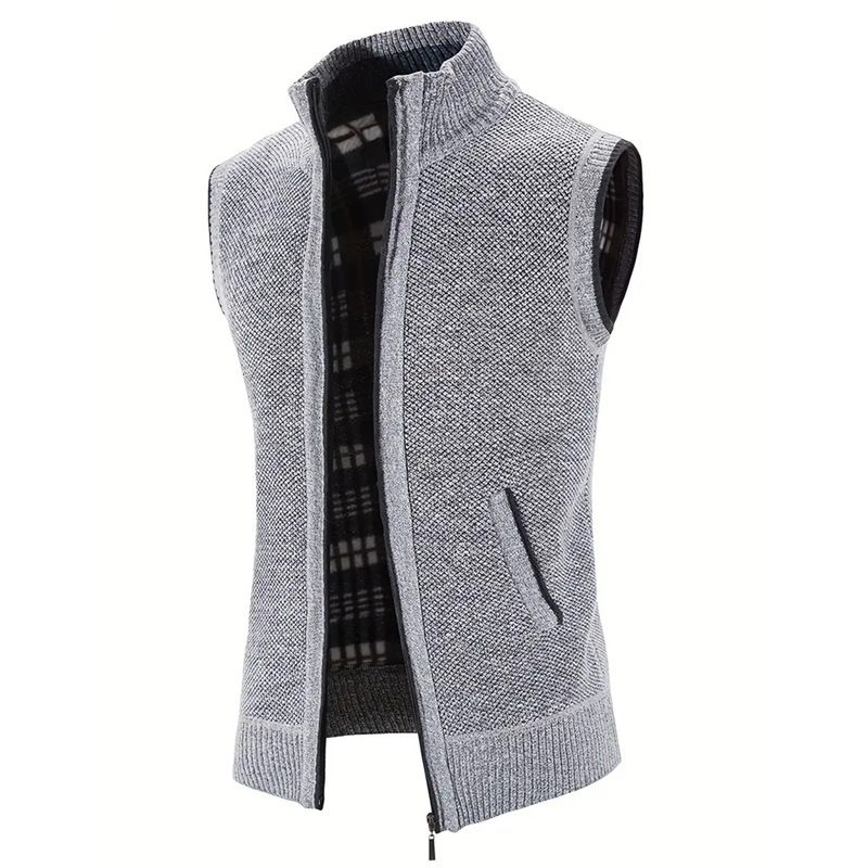 Chaleco de punto grueso con forro polar, cuello vertical y corte ajustado para hombre. Talla grande. Suéter informal a la moda._voghion.com