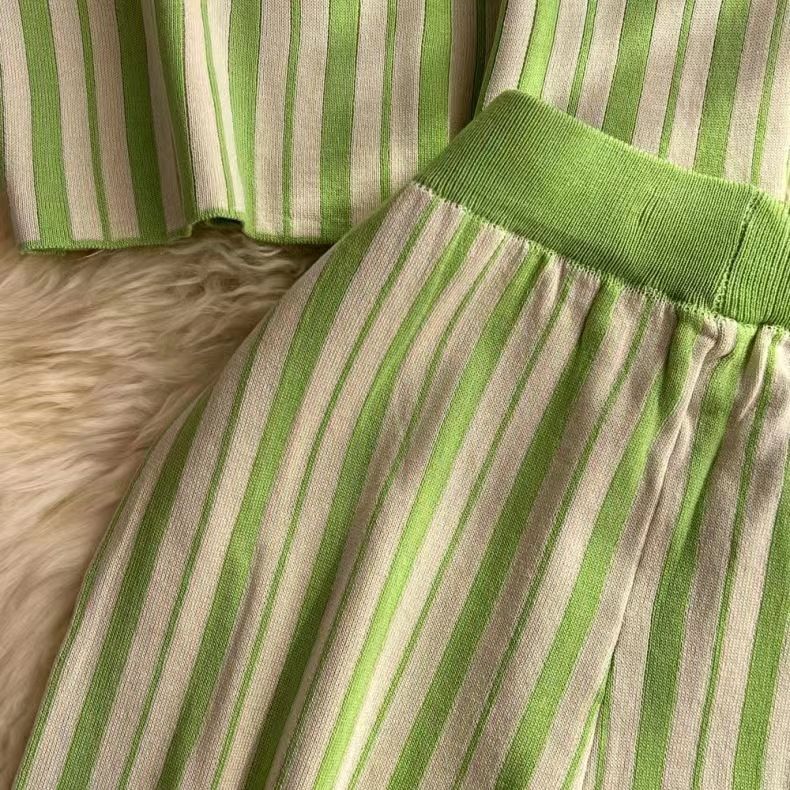 Women's Clothing round neck striped knitted vest top, two-piece suit, high waist, slimming, straight wide-leg pants_voghion.com