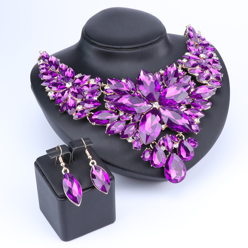 Kristall-Choker-Statement-Halskette, Ohrring-Schmuckset, Strass-Hochzeitsgeschenk, Frauen, Bräute, Abschlussball, Party_voghion.com