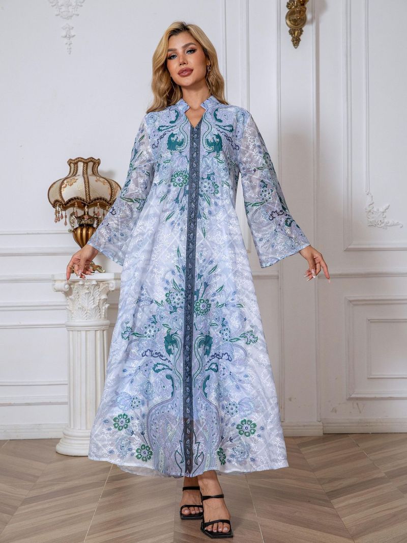 Abito lungo da donna musulmana in tessuto ricamato con stampa a tutta lunghezza e tempestato di diamanti, abito lungo da donna Abaya_voghion.com