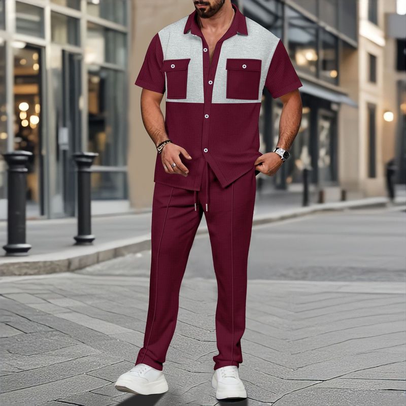Men's Clothing Waffle Four Breasted Pocket Color Matching Short Sleeved Shirt And Trousers Two Piece Suit_voghion.com