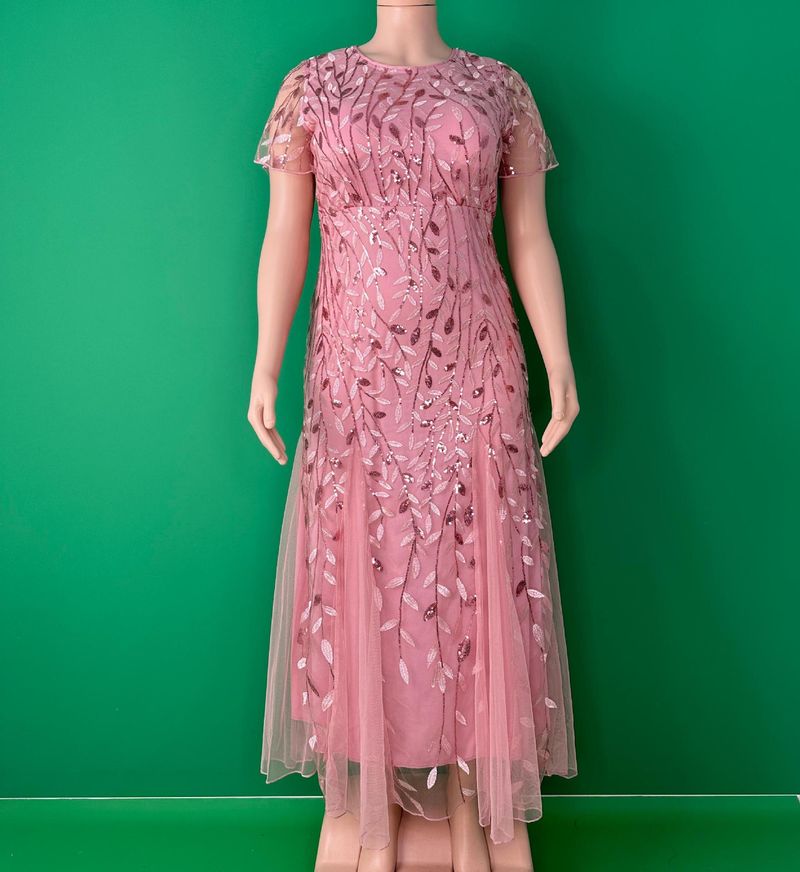 Elegante avondjurk in grote maten voor vrouwen - lange galajurk van mesh met kant en pailletten, bescheiden moslimfeestkleding (roze, 0XL-5XL)_voghion.com